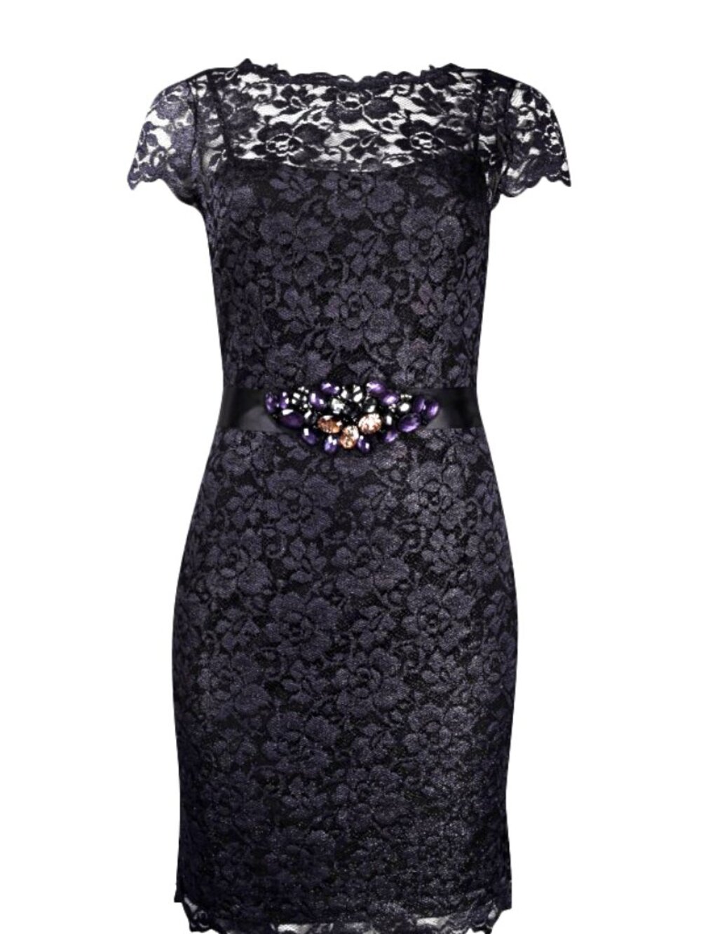 Adrianna Papell Short Sleeve Floral Metallic Lace Dress
